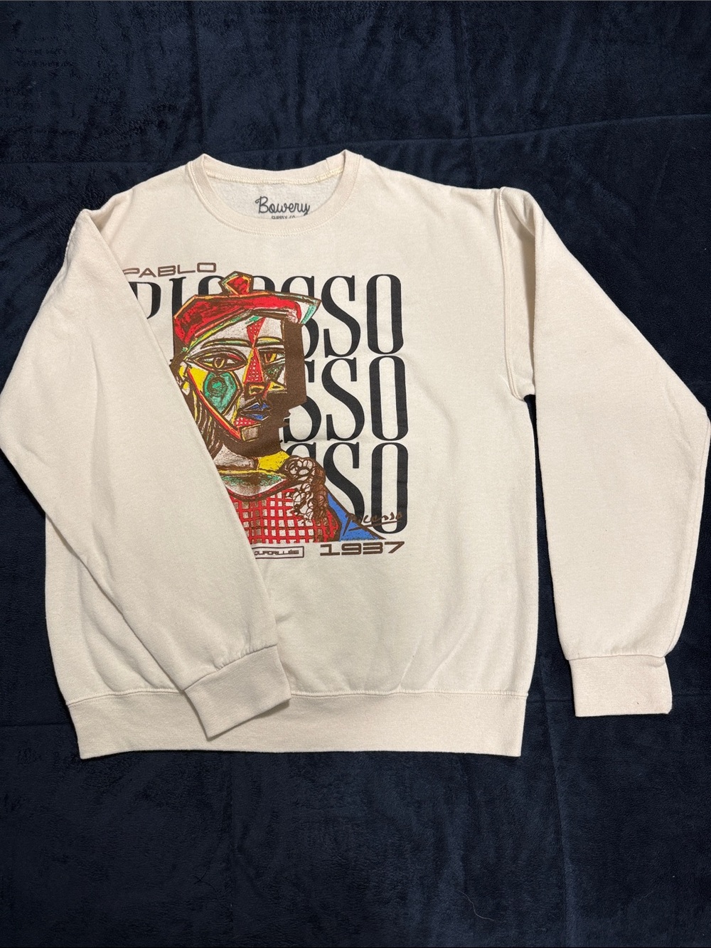 Cream Graphic Crewneck Sweatshirt with Colorful Abstract Portrait